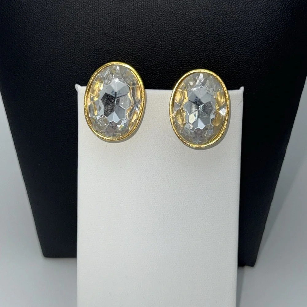 Vintage Ellen Deisgn clear faceted headlight 80s oval statement clip earrings